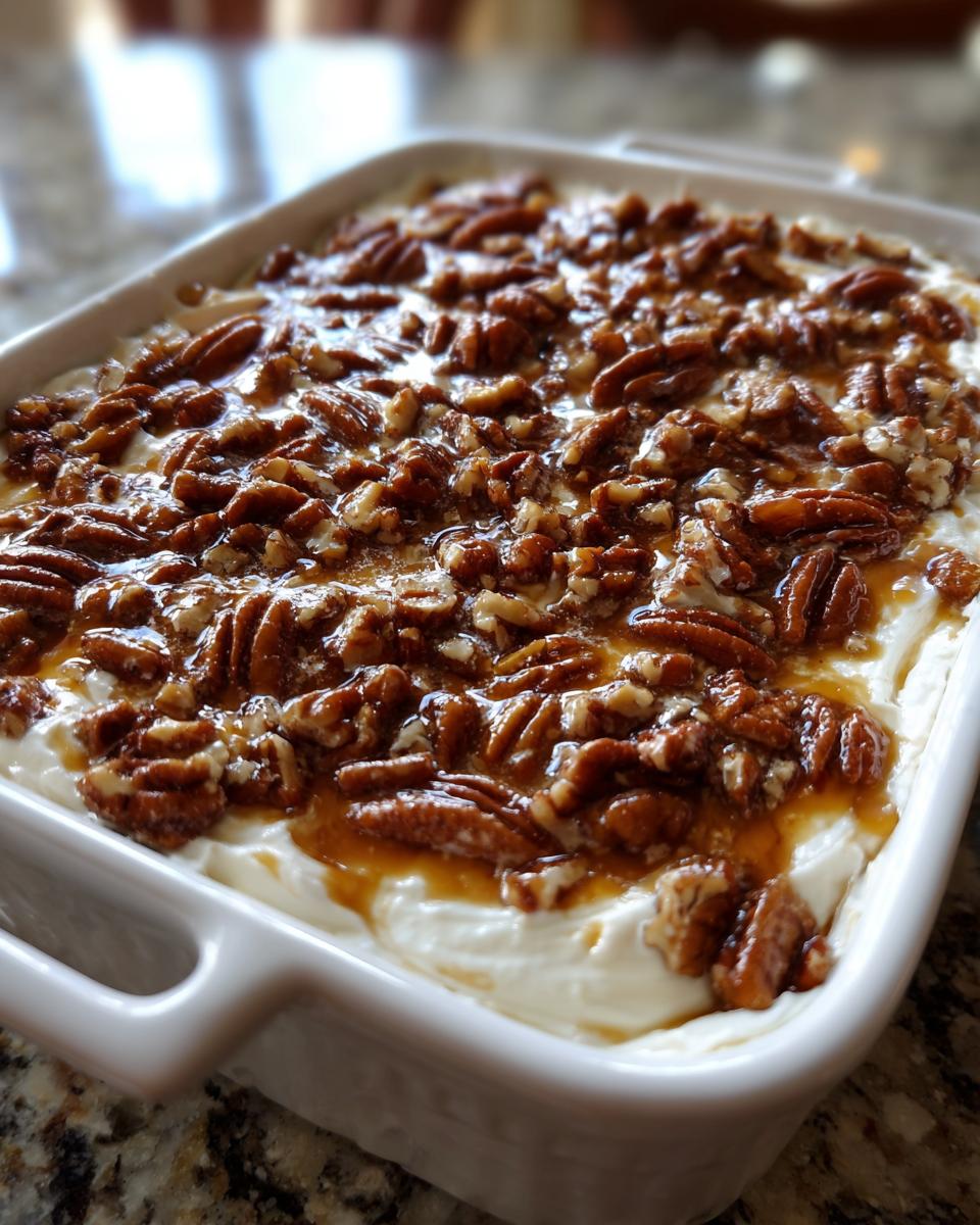 A white baking dish filled with creamy pecan pie dip, generously topped with glazed pecans and caramel sauce.