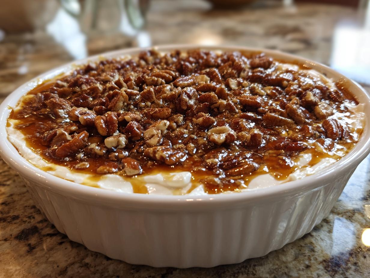 A white, fluted dish filled with creamy pecan pie dip, generously topped with glazed pecans.
