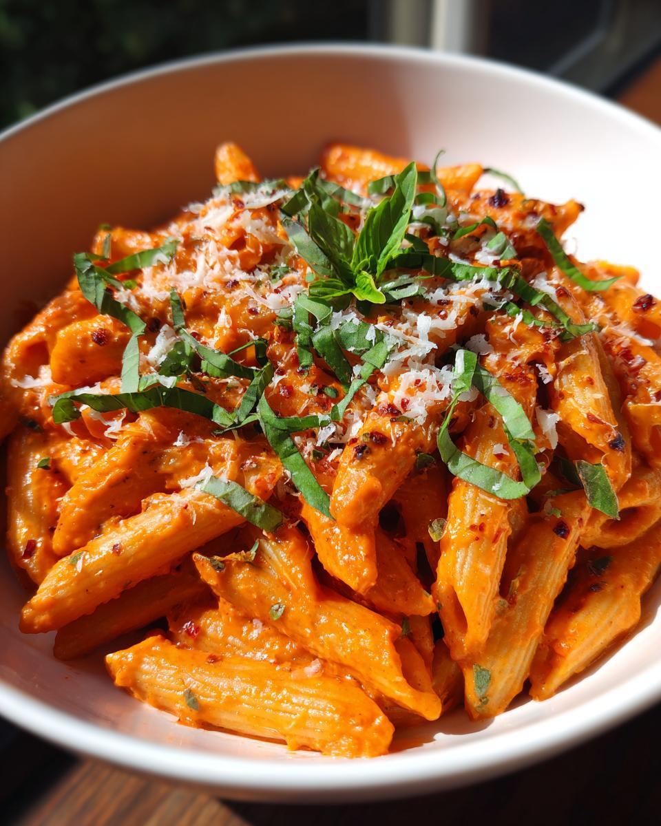 Close-up of penne pasta coated in a creamy orange sauce, topped with fresh basil and grated cheese for tomato basil pasta.