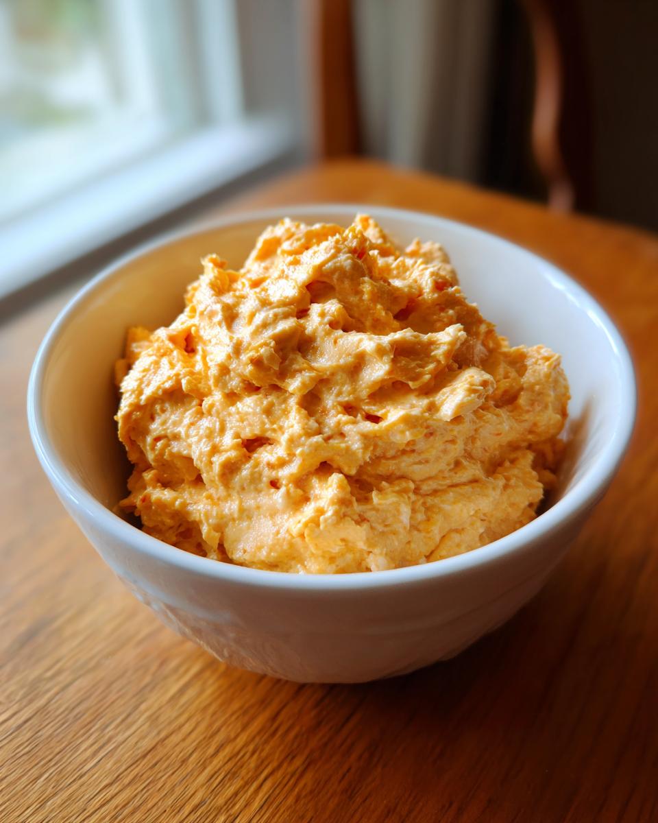 A close-up of creamy, orange pumpkin fluff served in a white bowl on a wooden table.