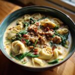 A close-up of creamy sausage tortellini soup with spinach and crumbled sausage topping in a teal bowl.
