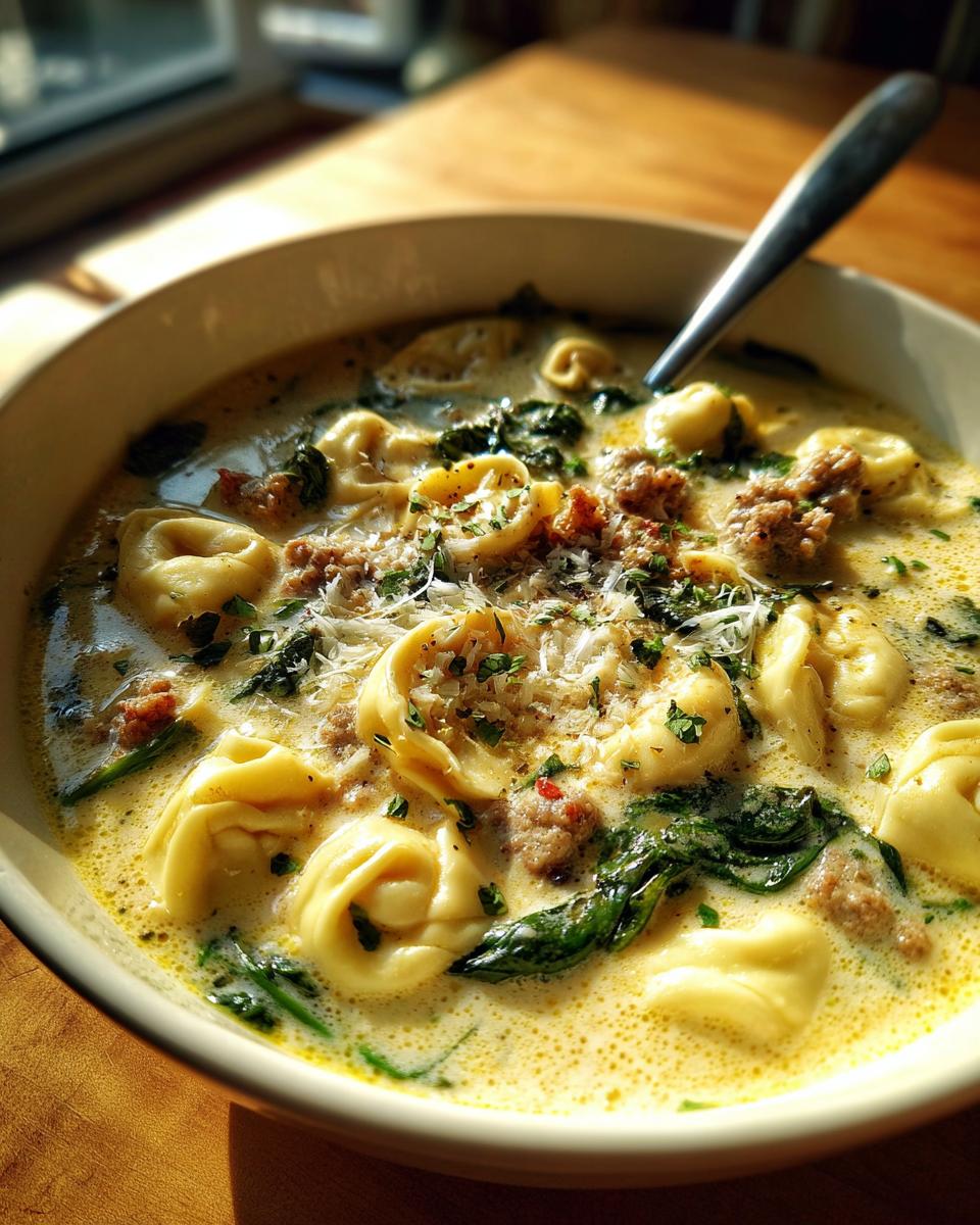 Close-up of creamy sausage tortellini soup, featuring tortellini, ground sausage, spinach, and grated Parmesan cheese.