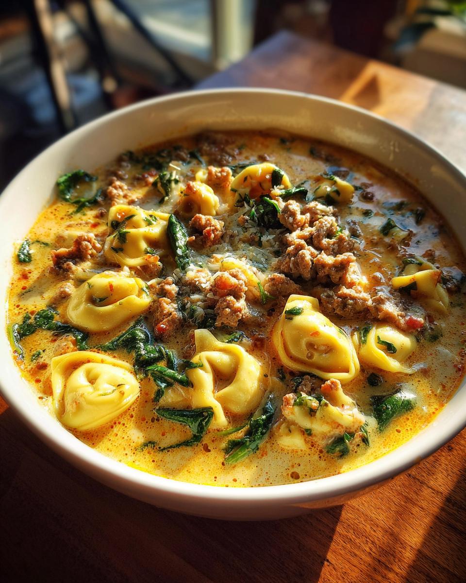 Close-up of a creamy sausage tortellini soup featuring cheese tortellini, ground sausage, and wilted spinach.
