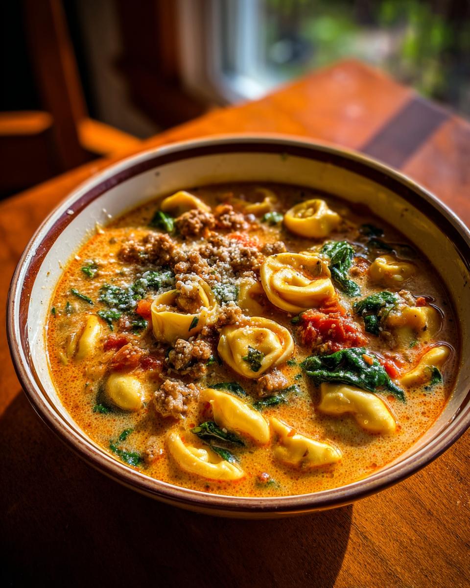 Close-up of a bowl of creamy sausage tortellini soup with spinach and grated cheese topping.