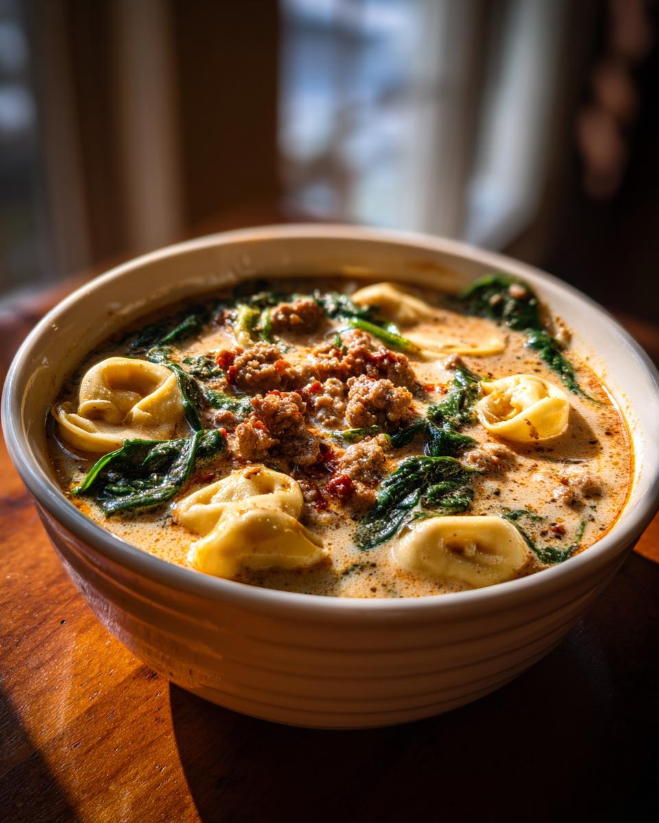 A close-up of a creamy sausage tortellini soup bowl filled with pasta, crumbled sausage, and spinach.