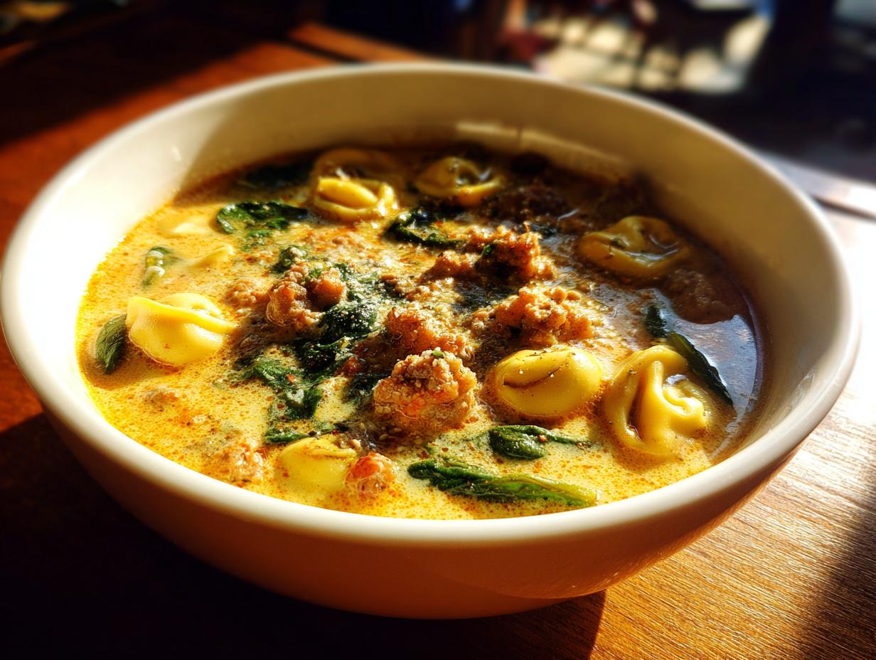 A close-up of creamy sausage tortellini soup featuring tortellini pasta, ground sausage, and spinach in a white bowl.