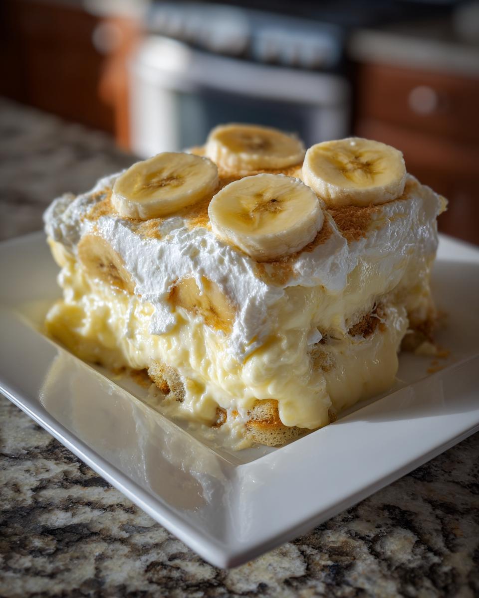 A generous square serving of creamy banana pudding topped with whipped cream and sliced bananas.