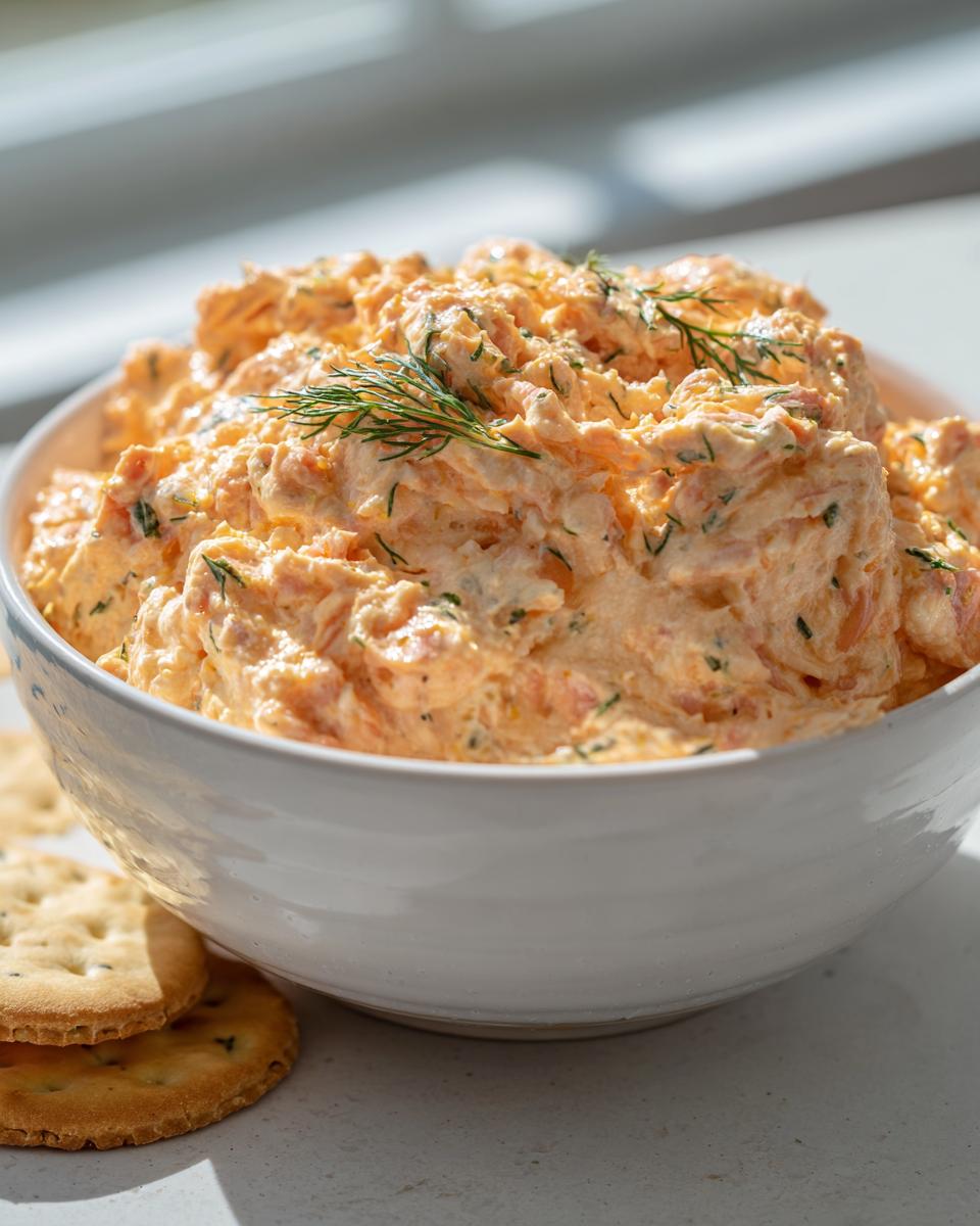 A bowl filled with creamy, orange-hued smoked salmon dip garnished with fresh dill, served next to crackers.