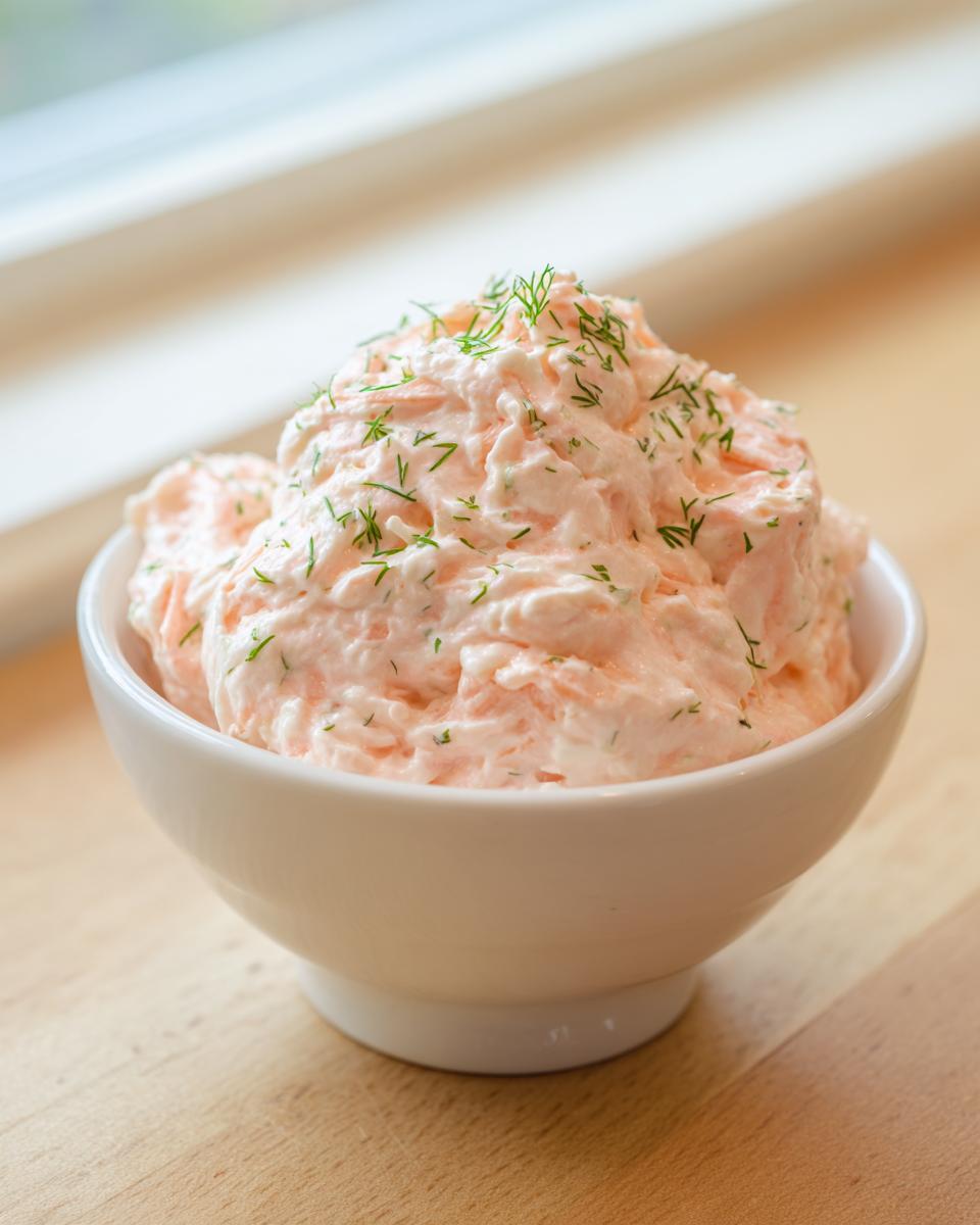 A white bowl filled with pink, creamy smoked salmon dip, garnished with fresh dill.