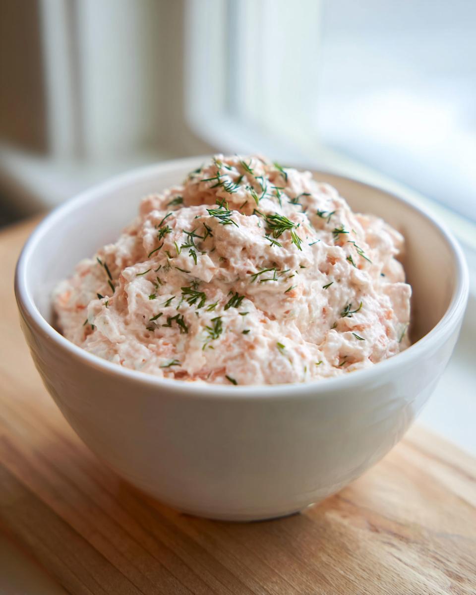A white bowl filled high with creamy, pink smoked salmon dip, garnished generously with fresh dill.