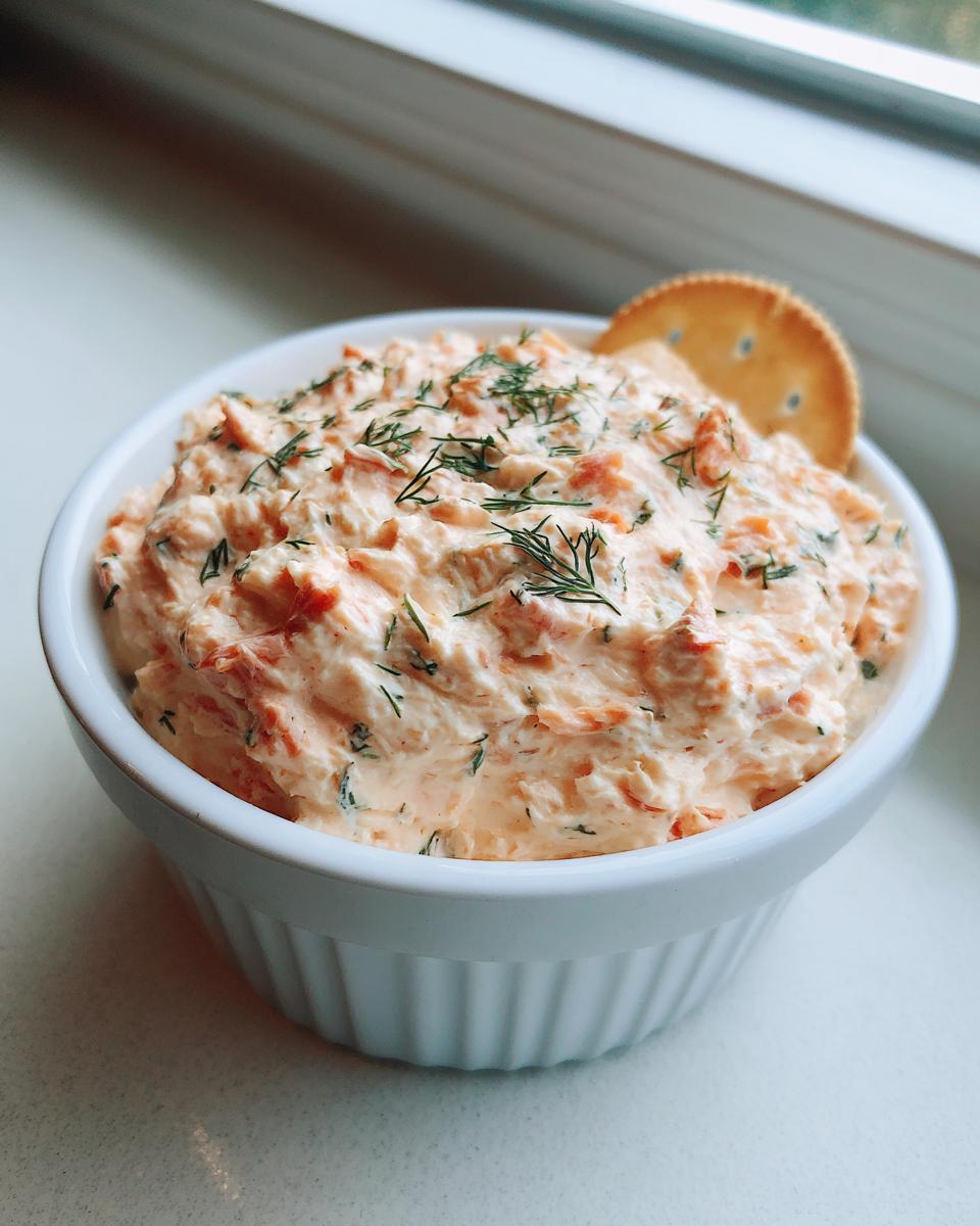 A close-up of creamy smoked salmon dip garnished with fresh dill, served in a white bowl with a cracker.