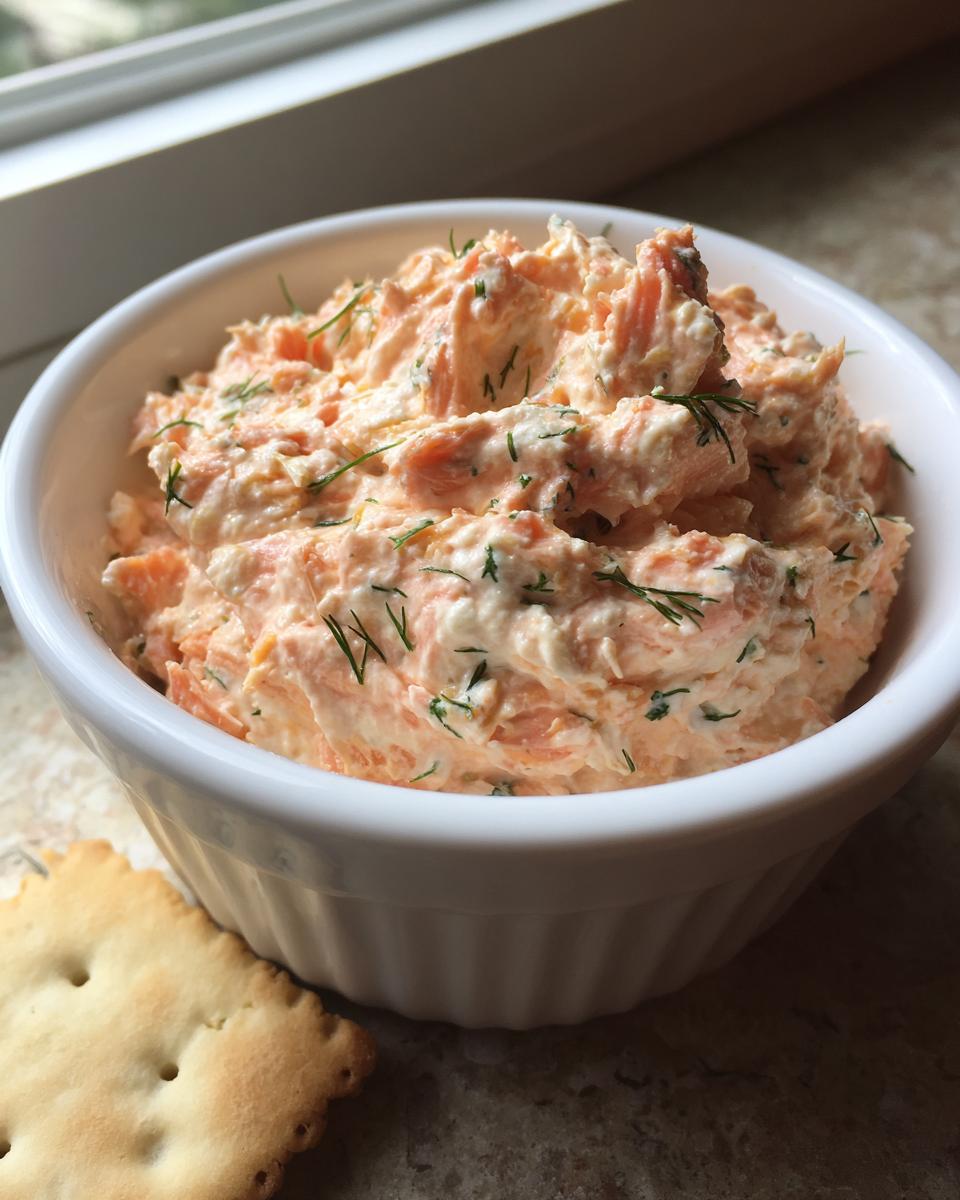 A close-up of creamy smoked salmon dip topped with dill, served in a white bowl next to a cracker.