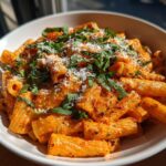 A close-up, brightly lit bowl of creamy tomato basil pasta, topped with fresh basil and grated Parmesan cheese.