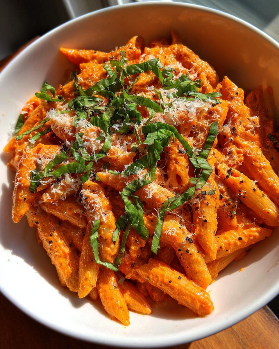 Close-up of penne pasta coated in a creamy orange sauce, topped with fresh basil and grated parmesan for tomato basil pasta.