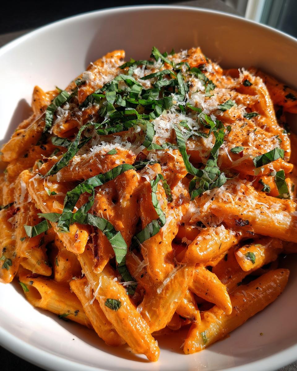 Close-up of creamy tomato basil pasta (penne) topped with fresh basil chiffonade and grated Parmesan cheese.