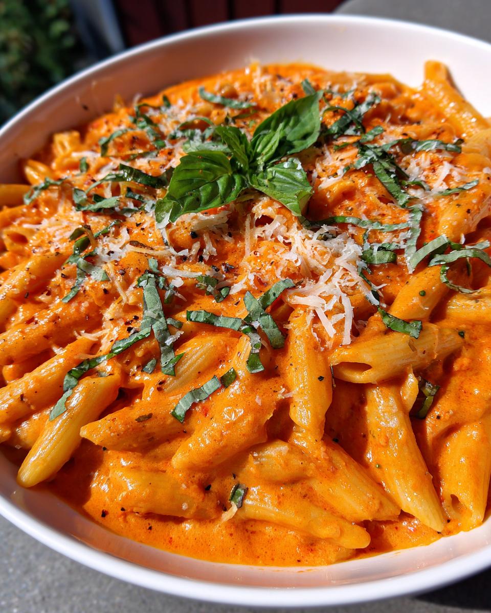 Close-up of penne pasta coated in a rich, creamy orange sauce, garnished with shredded cheese and fresh basil for tomato basil pasta.