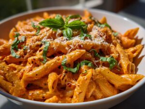 Close-up of creamy tomato basil pasta (penne) topped with fresh basil, grated Parmesan, and red pepper flakes.
