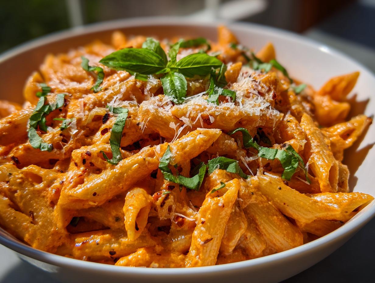 Close-up of creamy tomato basil pasta (penne) topped with fresh basil, grated Parmesan, and red pepper flakes.