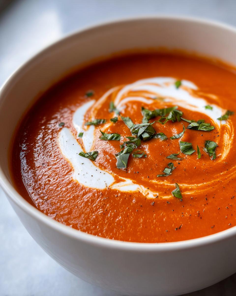 Close-up of a rich, orange-red tomato bisque topped with a swirl of cream and fresh chopped basil.