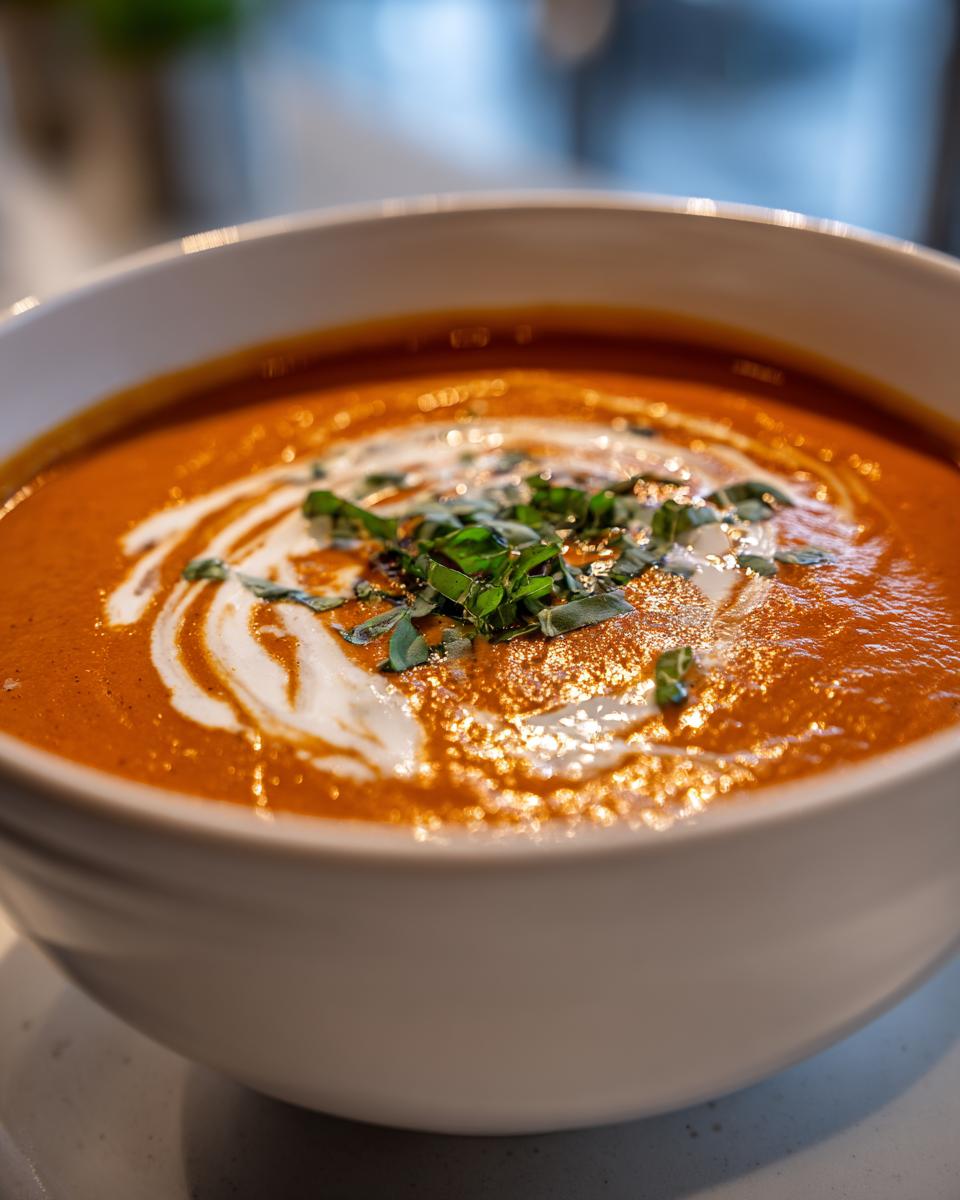 Close-up of a rich, orange-red tomato bisque in a white bowl, swirled with cream and topped with fresh basil.
