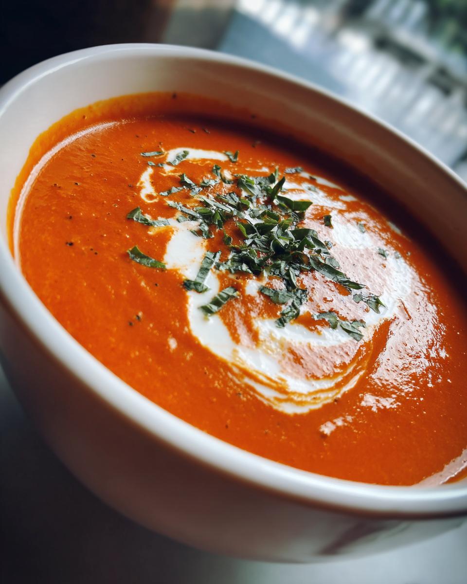 Close-up of a rich, orange-red bowl of tomato bisque topped with a swirl of cream and fresh chopped herbs.