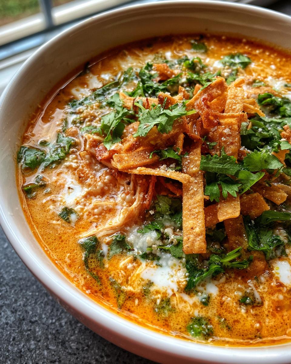 Close-up of a bowl of creamy, orange-hued tortilla soup topped with crispy tortilla strips, cilantro, and cheese.