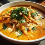A close-up, appetizing view of creamy tortilla soup topped with shredded chicken, crispy tortilla strips, and fresh cilantro.