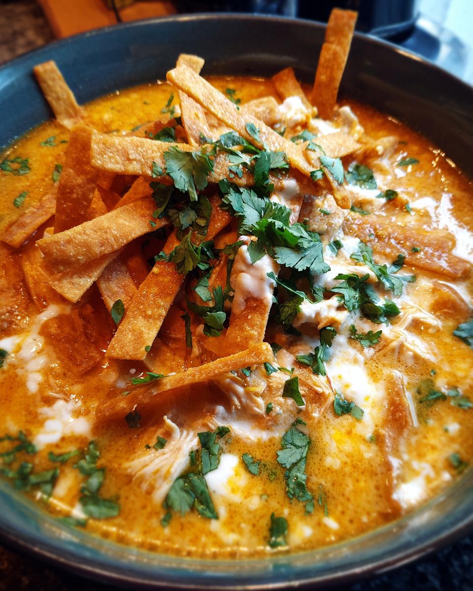 Close-up of a bowl of creamy tortilla soup with shredded chicken, drizzled with cream, and topped with crispy tortilla strips and fresh cilantro.