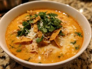 Close-up of a bowl of creamy tortilla soup, topped generously with shredded cheese, cilantro, and crispy tortilla strips.