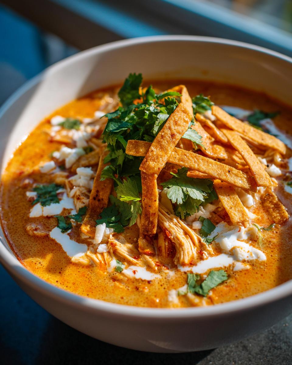 Close-up of a rich, creamy tortilla soup topped with shredded chicken, crispy tortilla strips, cheese, and fresh cilantro.