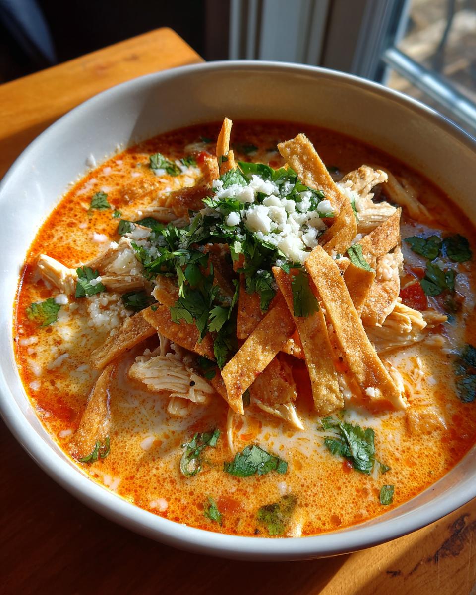 Close-up of creamy tortilla soup topped with shredded chicken, crispy tortilla strips, cotija cheese, and cilantro.