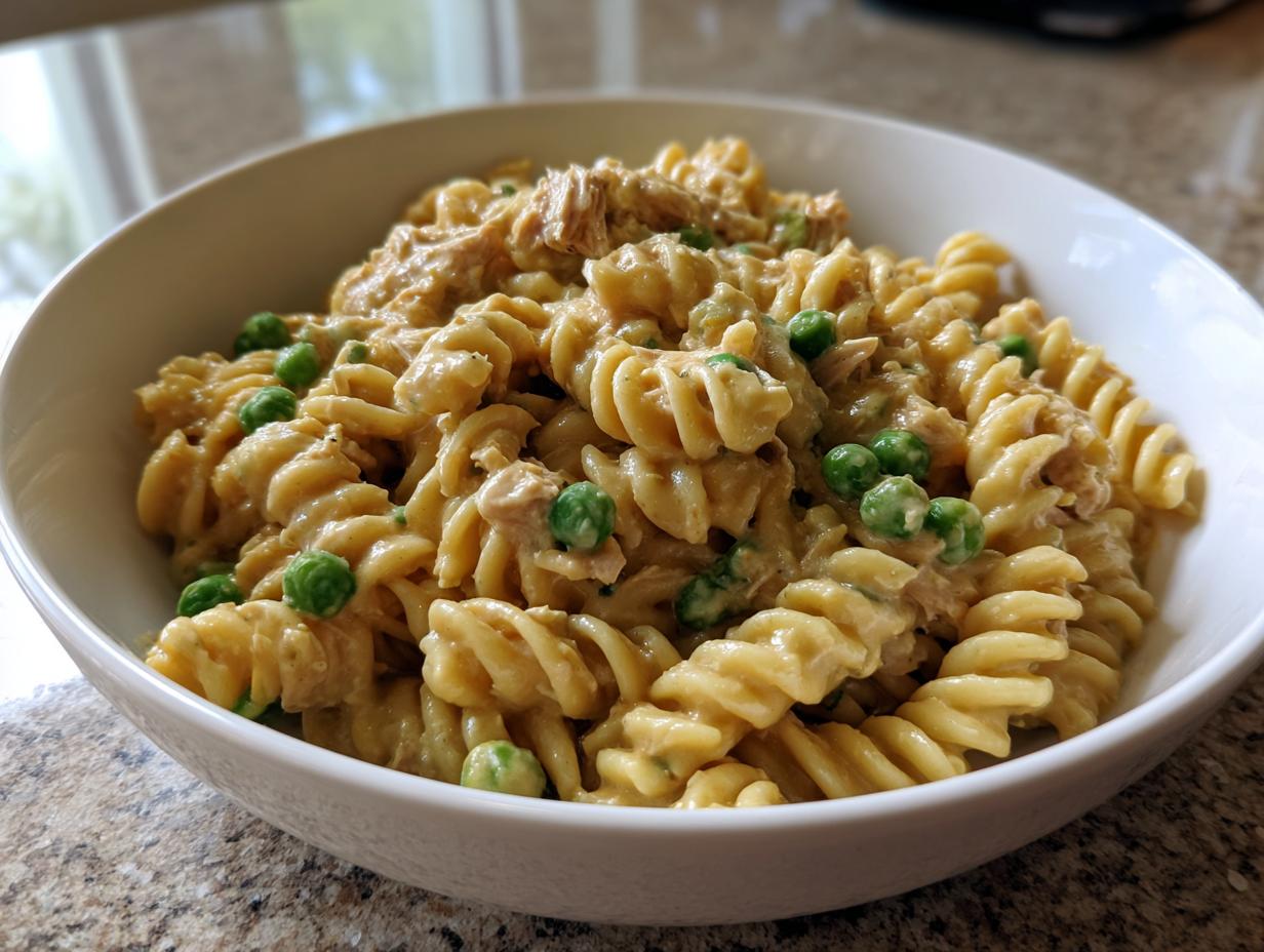 A close-up of creamy tuna pasta made with fusilli noodles and bright green peas served in a white bowl.