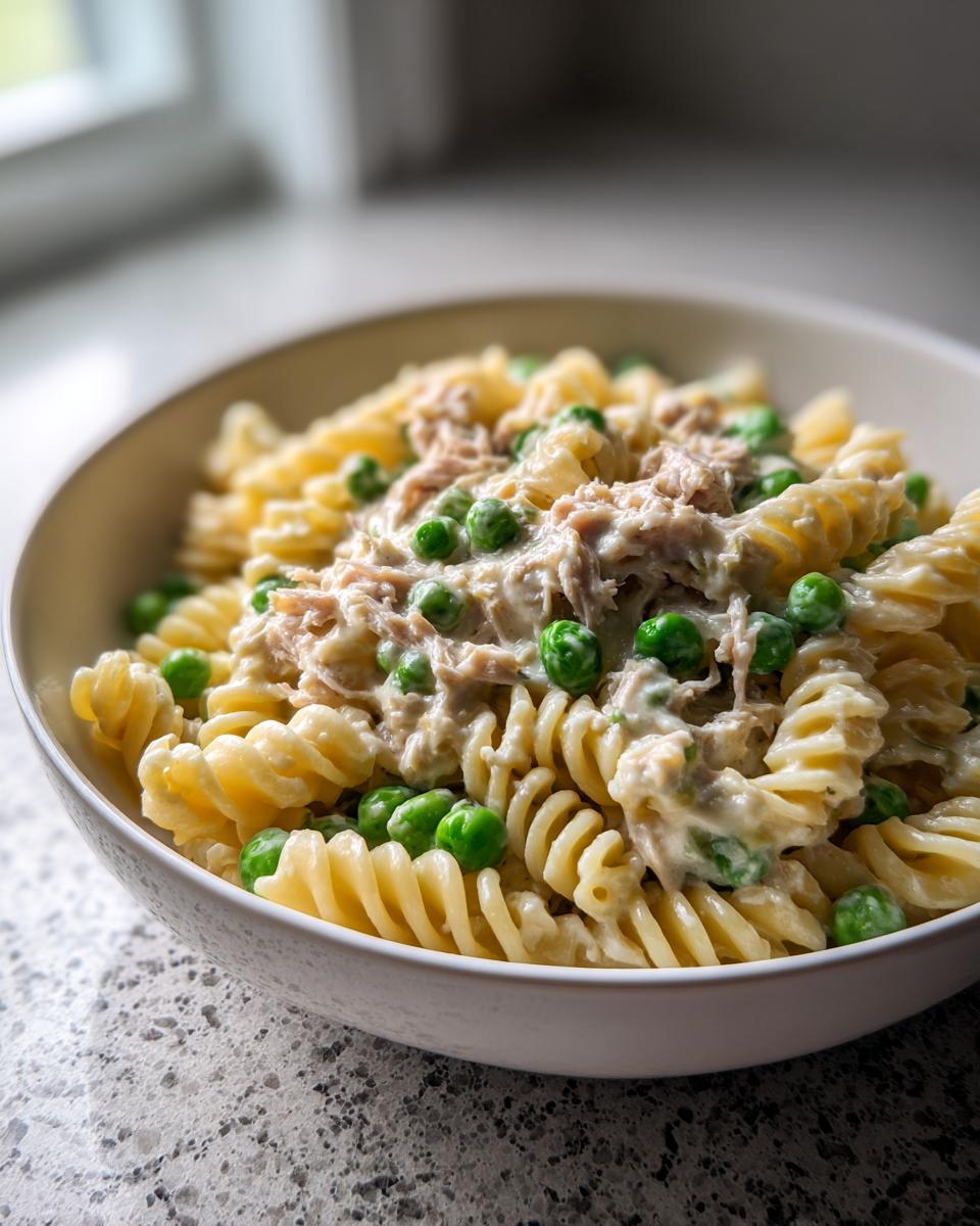A close-up of creamy tuna pasta mixed with bright green peas, served in a white bowl.