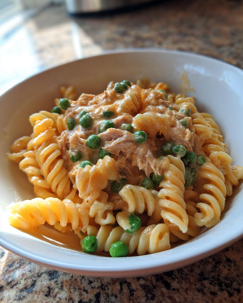 Close-up of creamy tuna pasta made with rotini noodles and bright green peas served in a white bowl.