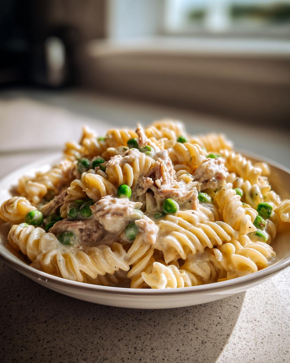 Close-up of creamy tuna pasta made with fusilli, tuna chunks, and bright green peas in a white bowl.