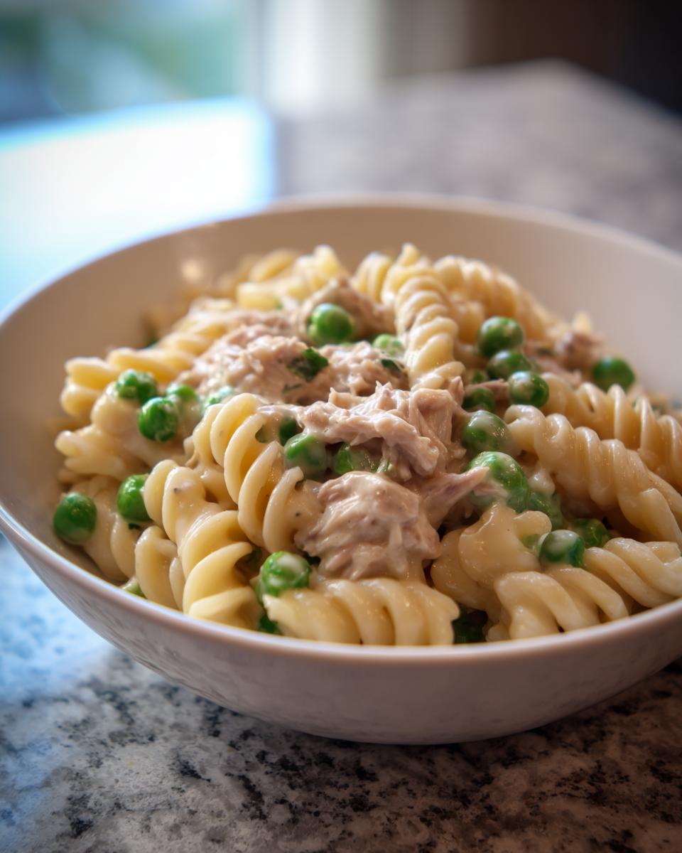 Close-up of creamy tuna pasta made with fusilli noodles and bright green peas, served in a white bowl.