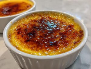 Close-up of a freshly torched Creme Brulee with a glossy, caramelized sugar crust.