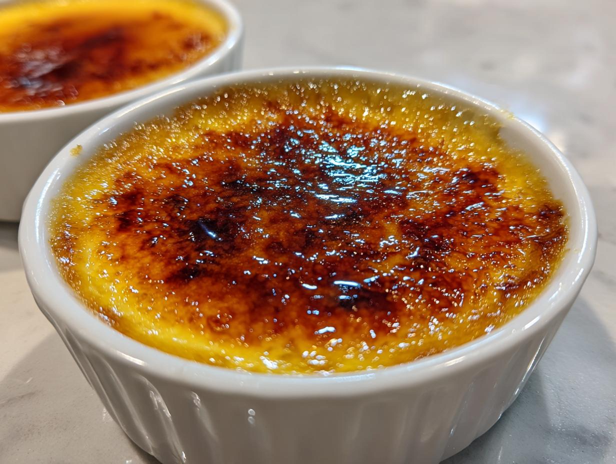 Close-up of a freshly torched Creme Brulee with a glossy, caramelized sugar crust.