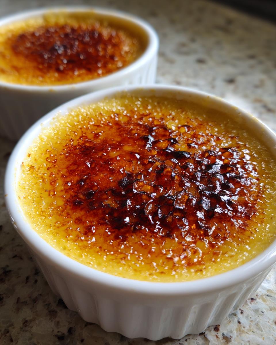 Close-up of a freshly torched Creme Brulee with a deep amber, crackling sugar crust.