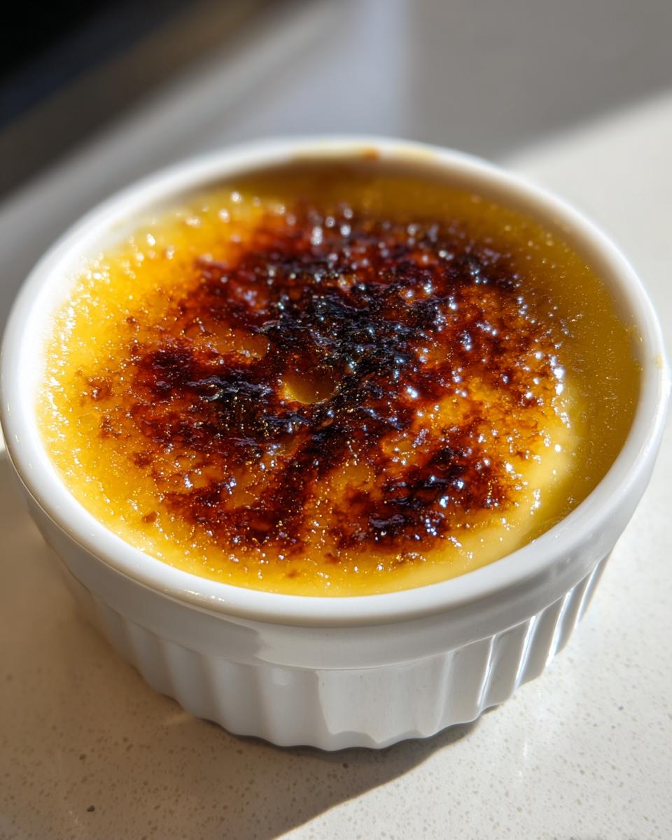 Close-up of a classic Creme Brulee with a perfectly caramelized, dark amber sugar crust.