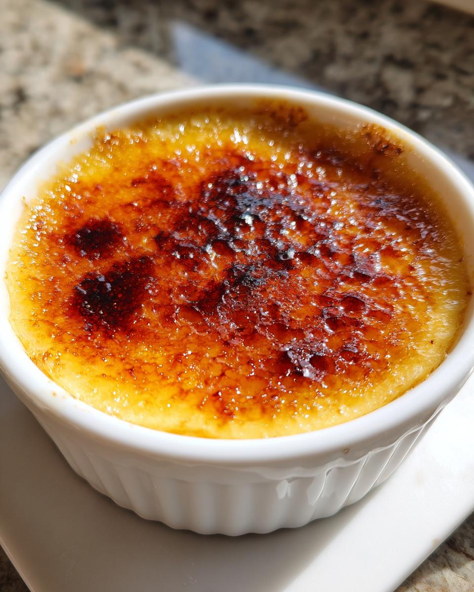 Close-up of a classic Creme Brulee with a deeply caramelized, crackling sugar top in a white ramekin.