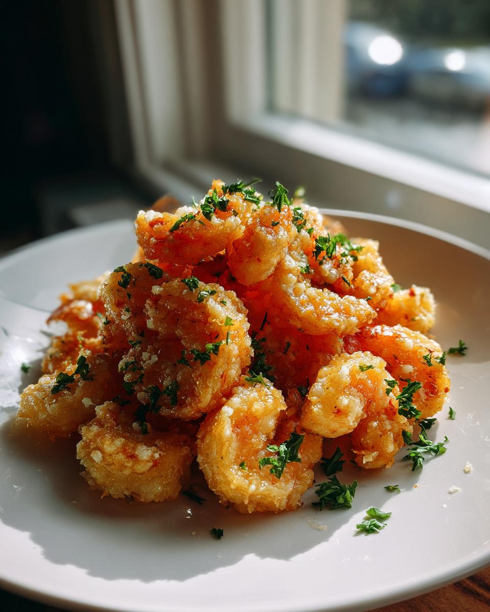 A mound of crispy, golden air fryer shrimp dusted with seasoning and fresh parsley on a white plate.