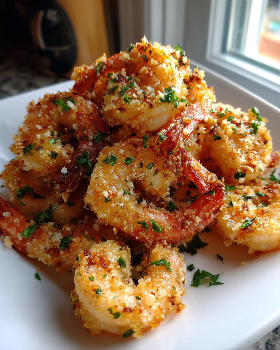 A pile of golden, crispy breaded air fryer shrimp garnished with fresh chopped parsley on a white plate.