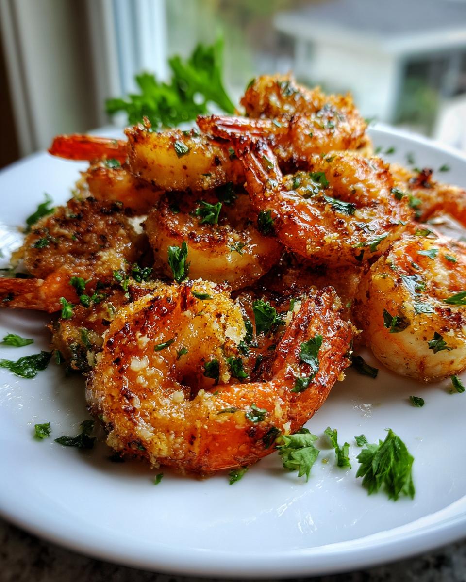 Close-up of golden, crispy air fryer shrimp piled on a white plate, garnished with fresh chopped parsley.