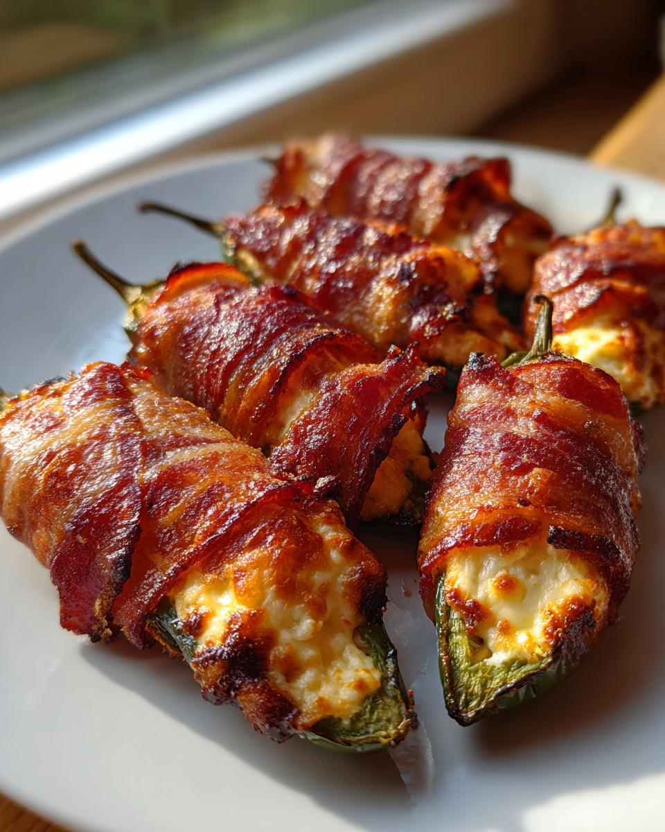 Five crispy, baked Bacon-Wrapped Jalapeño Poppers filled with melted cheese, served on a white plate.