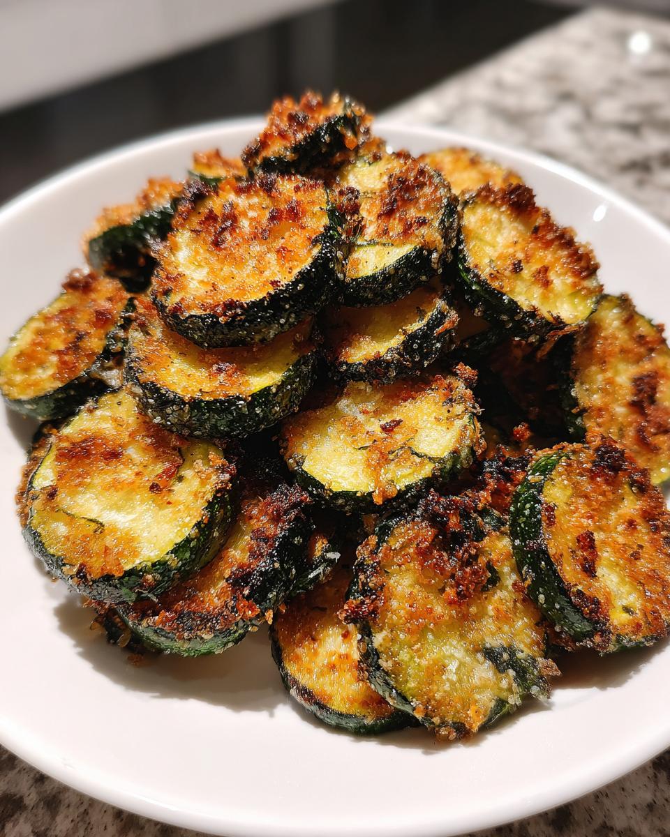 Close-up of a white bowl piled high with crispy, golden-brown baked parmesan zucchini slices.