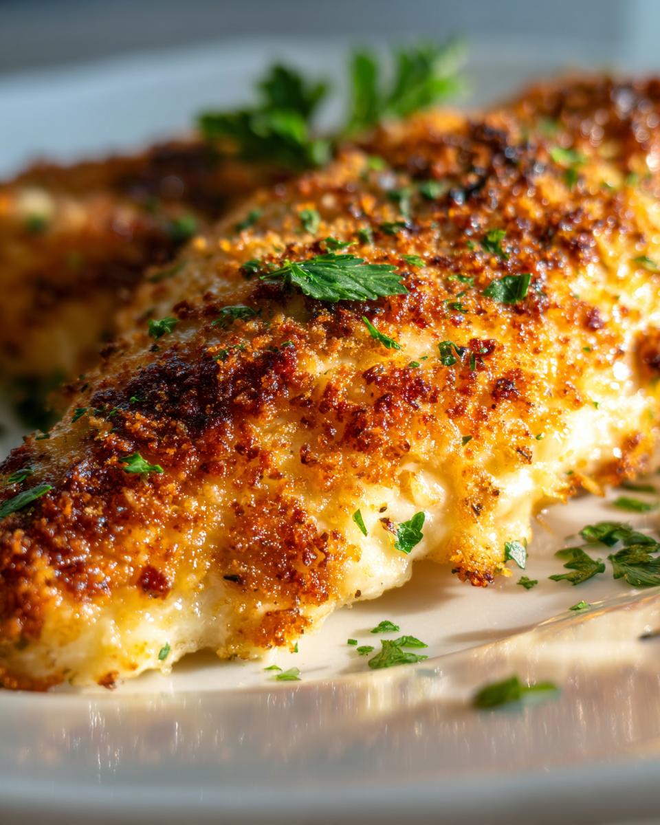 Close-up of a perfectly baked caesar chicken breast with a golden brown, crispy, seasoned crust and fresh parsley.