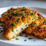 Close-up of two golden, crispy caesar chicken cutlets, one sliced to show the juicy white interior, garnished with parsley.