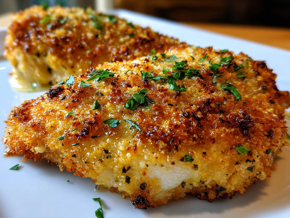 Close-up of a golden, crispy baked caesar chicken breast topped with fresh parsley.