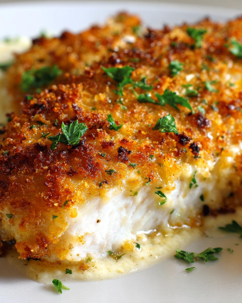 Close-up of a crispy, golden-brown breaded fillet, likely caesar chicken, served over a creamy sauce and garnished with parsley.